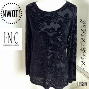 NWOT INC M Black Velvet Burnout Long Sleeved Top